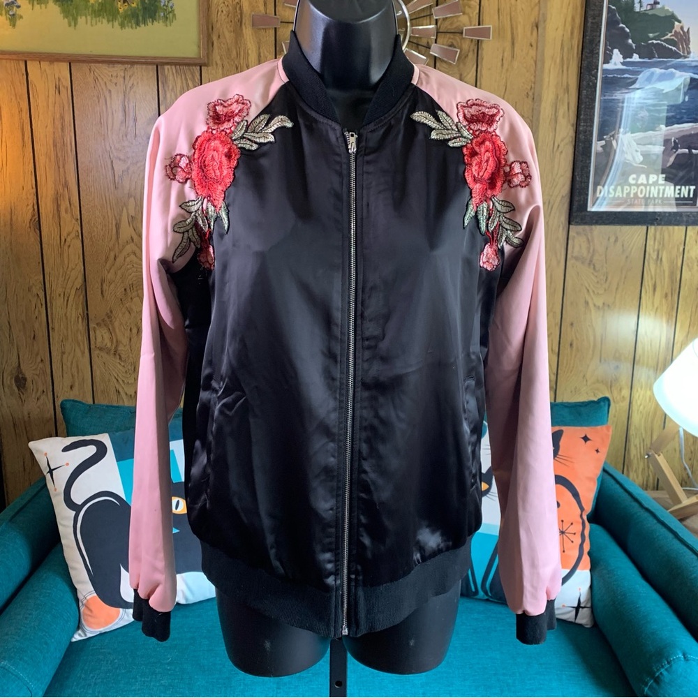 Pink & Black Satin Roses Bomber Jacket 🌹